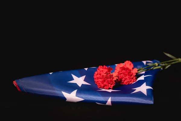 Красная гвоздика и американский флаг на черном фоне, концепция похорон — стоковое фото