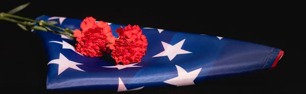 Clavel rojo bandera americana sobre fondo negro, concepto de funeral, bandera - foto de stock