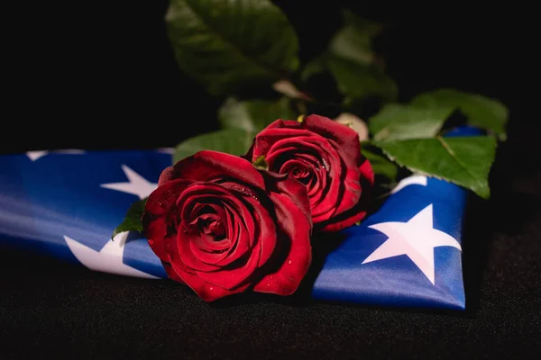 Roses rouges et drapeau américain sur fond noir, concept funéraire — Photo de stock