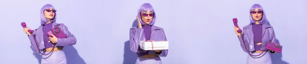 Collage einer jungen Frau im Puppenstil mit Retro-Telefon und Box auf violettem Hintergrund, Banner — Stockfoto