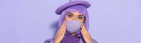 Young woman dressed in doll style in medical mask and beret on violet colorful background, banner — Stock Photo