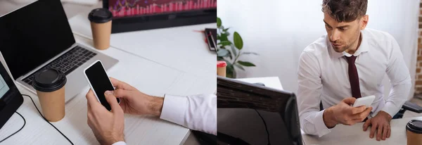 Коллаж бизнесмена, использующего смартфон рядом с компьютерами и кофе, чтобы зайти в офис, баннер — стоковое фото