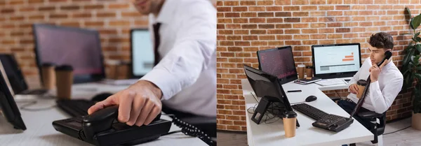 Collage d'homme d'affaires tenant un café à emporter et parlant au téléphone près des ordinateurs, bannière — Photo de stock