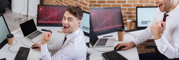Collage d'homme d'affaires excité montrant un geste oui près des ordinateurs sur fond flou, bannière — Photo de stock