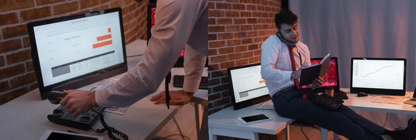 Collage de hombre de negocios hablando en el teléfono inteligente y la celebración de portátil cerca de las computadoras en la oficina, pancarta - foto de stock