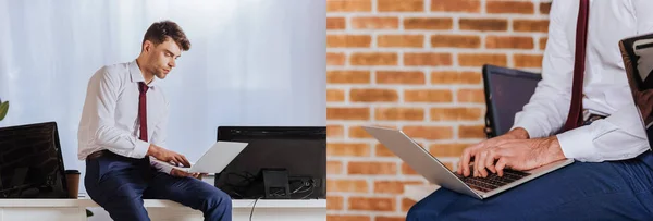 Collage of businessman using laptop near computers in office, banner — Stock Photo