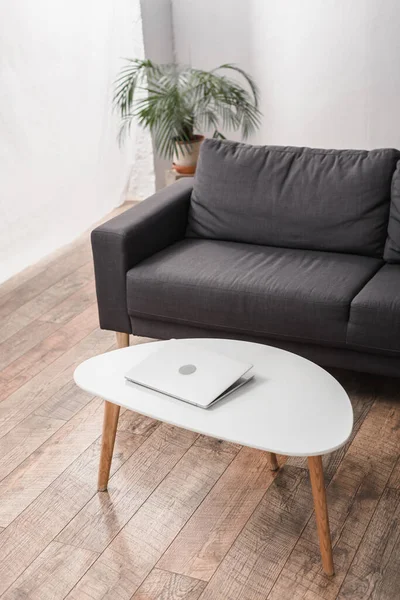 Portátil en la mesa de café cerca de sofá gris y planta en el apartamento - foto de stock