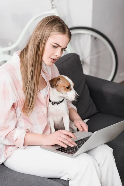 Femme inquiète assis sur le canapé avec jack russell terrier et en utilisant un ordinateur portable — Photo de stock