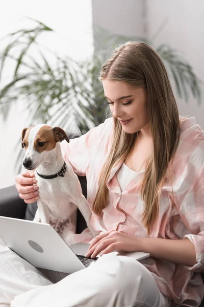 Joven freelancer sentado con las piernas cruzadas en el sofá cerca de jack russell terrier y el uso de ordenador portátil - foto de stock