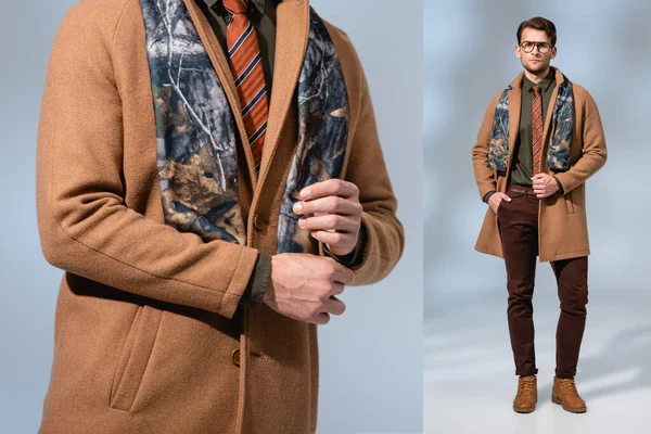 Collage uomo di tendenza in cappotto invernale in piedi con mano in tasca su grigio — Foto stock