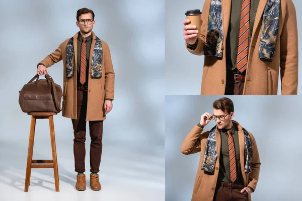 Colagem de homem elegante em casaco de inverno em pé com cadeira com pasta, segurando copo de papel e posando com a mão no bolso em cinza — Fotografia de Stock