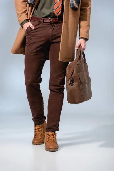 Vista recortada de un hombre elegante que sostiene el maletín de cuero y de pie con la mano en el bolsillo en gris - foto de stock