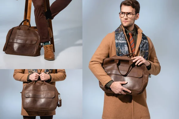Коллаж стильного мужчины в зимнем пальто с кожаным портфелем на сером — стоковое фото