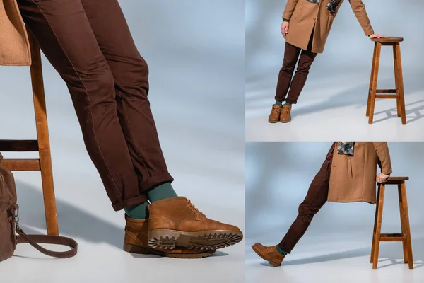 Cropped view of stylish man in winter coat leaning on wooden chair near briefcase on grey, collage — Stock Photo