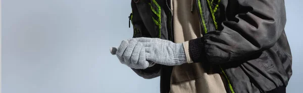 Vista recortada del hombre en anorak y guantes aislados en gris, bandera - foto de stock