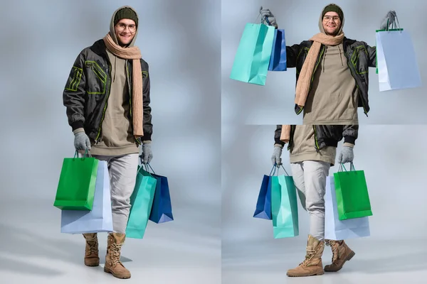 Collage of stylish and happy man in winter outfit holding shopping bags on grey — Stock Photo