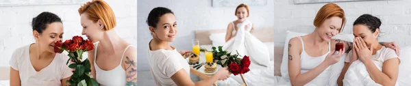 Collage de interracial lesbianas pareja regalándose regalos el uno al otro en día de San Valentín, pancarta - foto de stock