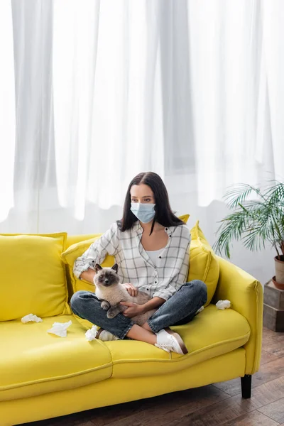 Jeune femme allergique dans le masque médical souffrant d'allergie tout en étant assis sur le canapé avec chat et serviettes froissées — Photo de stock