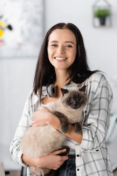 Heureux jeune femme regardant caméra tout en tenant chat à la maison — Photo de stock