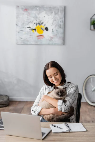 Feliz freelancer abrazando gato cerca portátil y portátil en la mesa - foto de stock