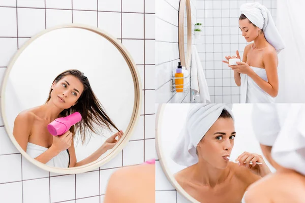 Collage of young woman drying hair, brushing teeth, holding container with cosmetic cream near mirror in bathroom — Stock Photo