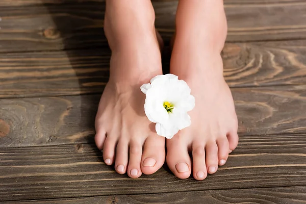 Vista superior da flor eustoma branco perto de pés femininos com pedicure brilhante na superfície de madeira marrom — Fotografia de Stock