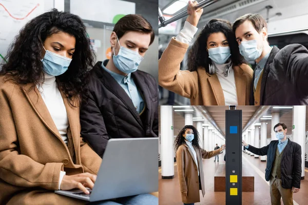 Colagem de mulher afro-americana e homem em máscaras médicas no metrô — Fotografia de Stock