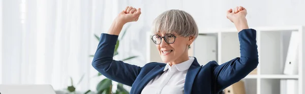 Happy team leader celebrating triumph, banner — Stock Photo