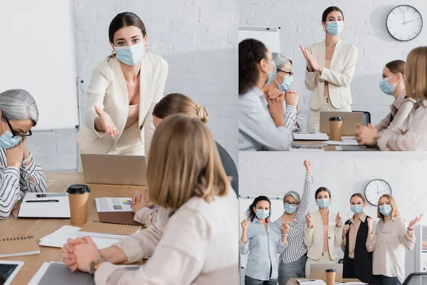 Collage of team leader in medical mask near multicultural businesswomen during meeting — Stock Photo