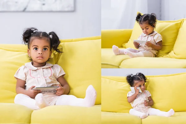 Collage of toddler african american girl holding smartphone while sitting on sofa — Stock Photo