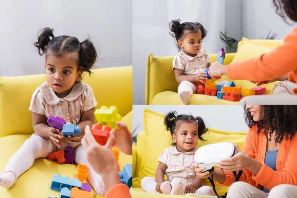 Colagem de criança afro-americana menina jogando blocos de construção jogo e mãe segurando vr fone de ouvido na sala de estar — Fotografia de Stock