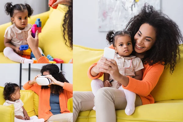 Collage einer afrikanisch-amerikanischen Mutter, die Bauklötze spielt und ihr Headset anpasst und Selfie mit ihrer Tochter im Wohnzimmer macht — Stockfoto