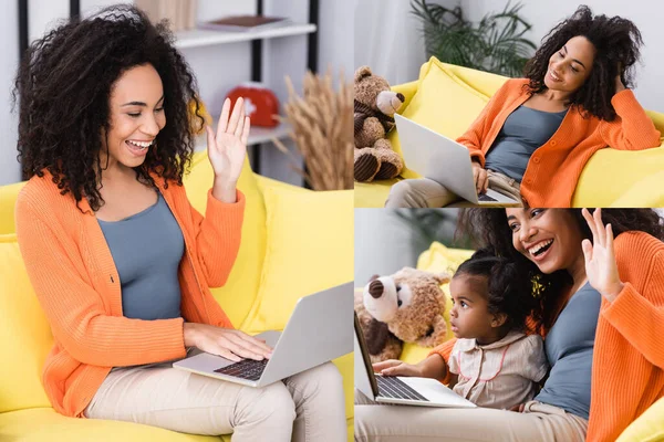 Collage di allegra donna afroamericana che agita la mano durante la videochiamata vicino alla figlia del bambino — Foto stock