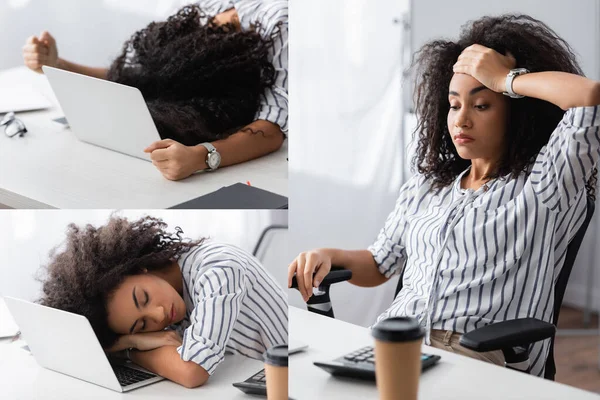 Collage de femme afro-américaine fatiguée dormant sur un ordinateur portable à la maison — Photo de stock