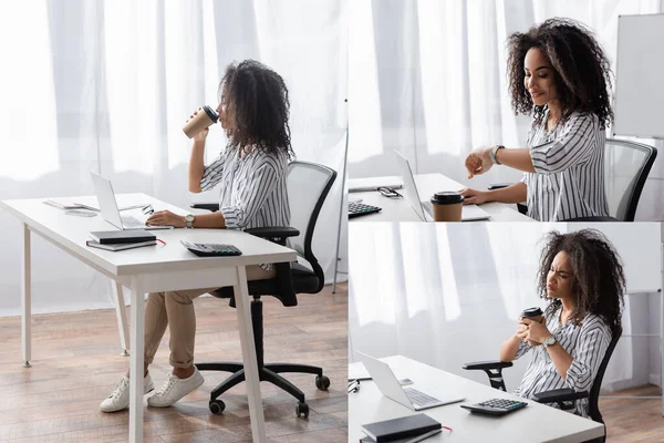 Collage de freelancer afroamericano sosteniendo taza de papel, bebiendo café para ir y mirando el reloj cerca de la computadora portátil en el escritorio - foto de stock