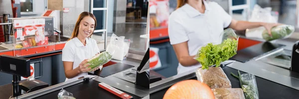 Caissier souriant tenant de la laitue tout en travaillant sur la caisse du supermarché, bannière — Photo de stock