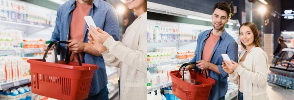Collage of smiling woman holding smartphone near boyfriend with shopping basket and bottle in supermarket, banner — Stock Photo