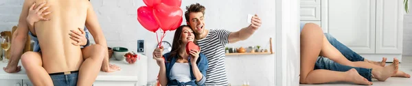 Collage de pareja haciendo el amor en el suelo, feliz hombre y mujer tomando selfie en el día de San Valentín - foto de stock