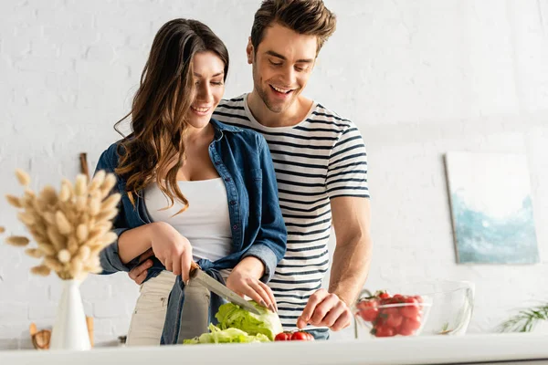 Casal feliz preparando salada na cozinha com catkins em primeiro plano desfocado — Fotografia de Stock