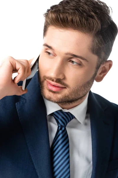 Close up view of young businessman talking on smartphone isolated on white — Stock Photo