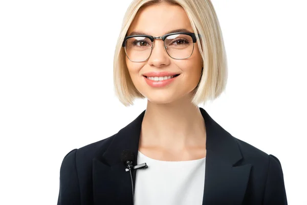 Cheerful blonde journalist in eyeglasses looking at camera isolated on white — Stock Photo