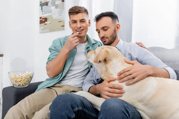 Cheerful man eating popcorn near husband with dog — Stock Photo