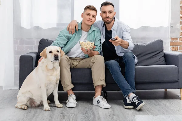 Fröhliches gleichgeschlechtliches Paar schaut Film mit Popcorn bei Labrador — Stockfoto