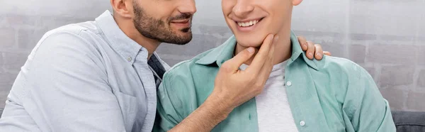 Teilbild eines homosexuellen Mannes, der das Gesicht eines fröhlichen Ehemannes zu Hause berührt, Banner — Stockfoto