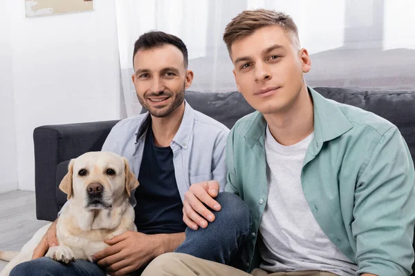 Гомосексуальна пара дивиться на камеру біля лабрадора у вітальні — стокове фото