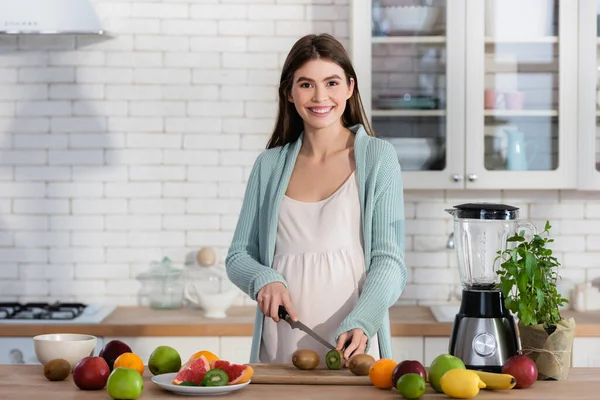 Junge schwangere Frau lächelt in die Kamera, während sie frisches Obst in der Nähe des Mixers schneidet — Stockfoto