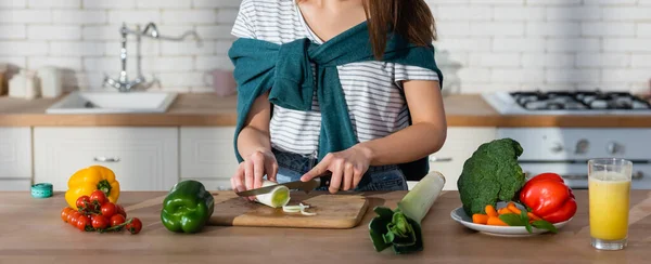 Abgeschnittene Ansicht einer Frau, die in der Küche Gemüse-Frühstück zubereitet, Banner — Stockfoto