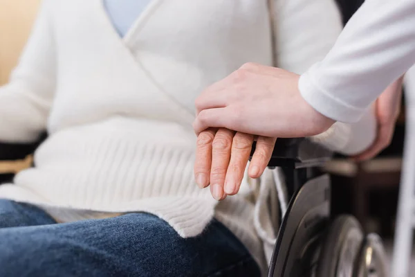 Vista recortada del trabajador social tocando la mano de una mujer con discapacidad de edad avanzada en silla de ruedas - foto de stock