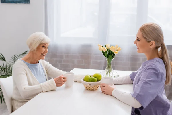 Радісна старша жінка і молодий соціальний працівник розмовляють на кухні біля чаю і свіжих яблук — стокове фото