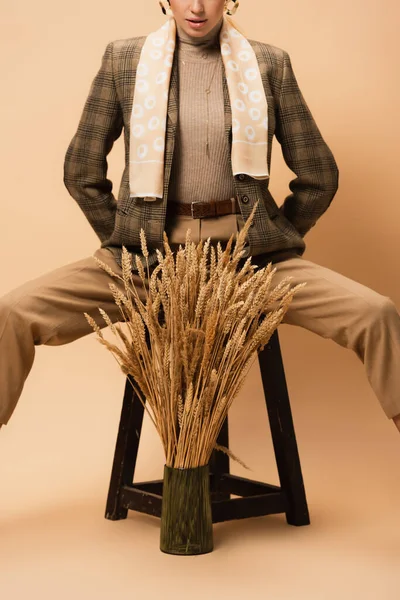 Cropped view of elegant woman in blazer and pants sitting on stool near spikelets on beige — Stock Photo